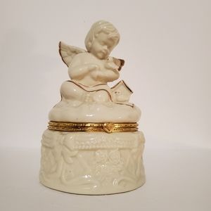 White Ceramic Angel Cherub With Dove Trinket Box With Gold Trim from SEI